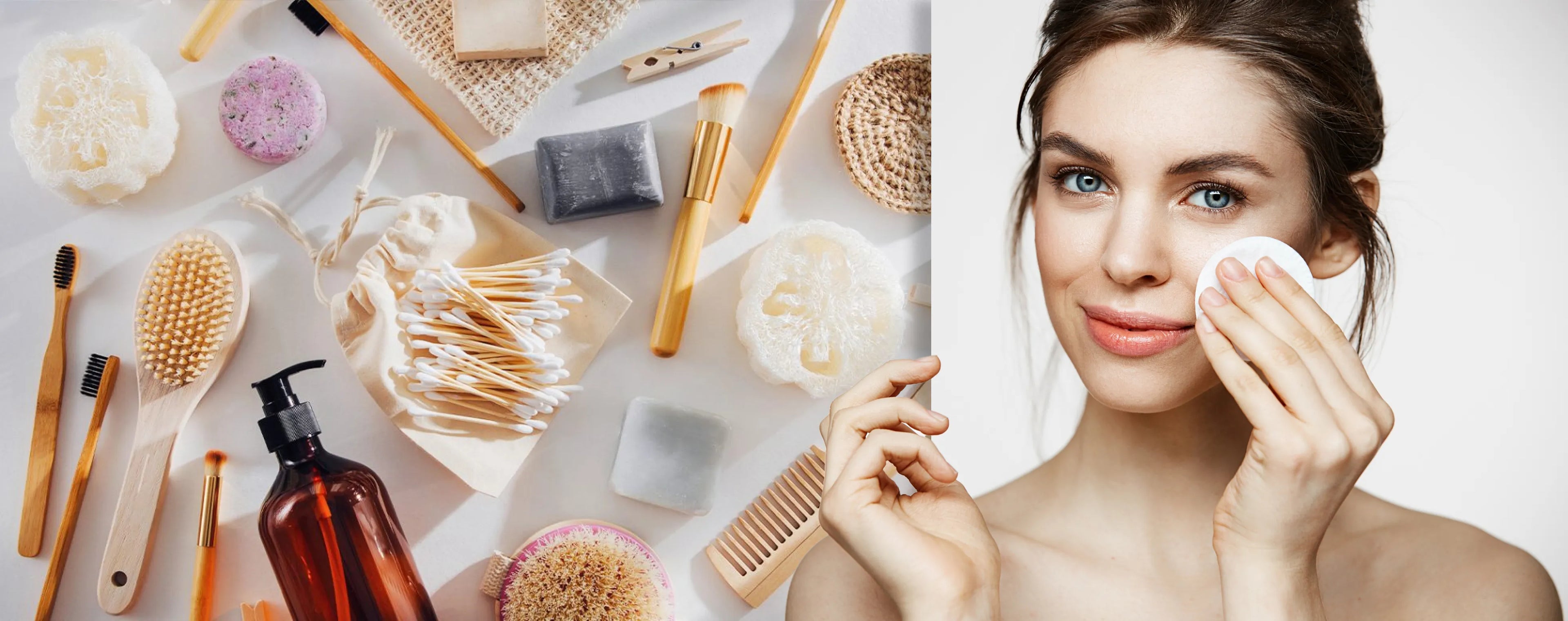 Cosmetic products including brushes, bottles, and a woman cleaning her face.