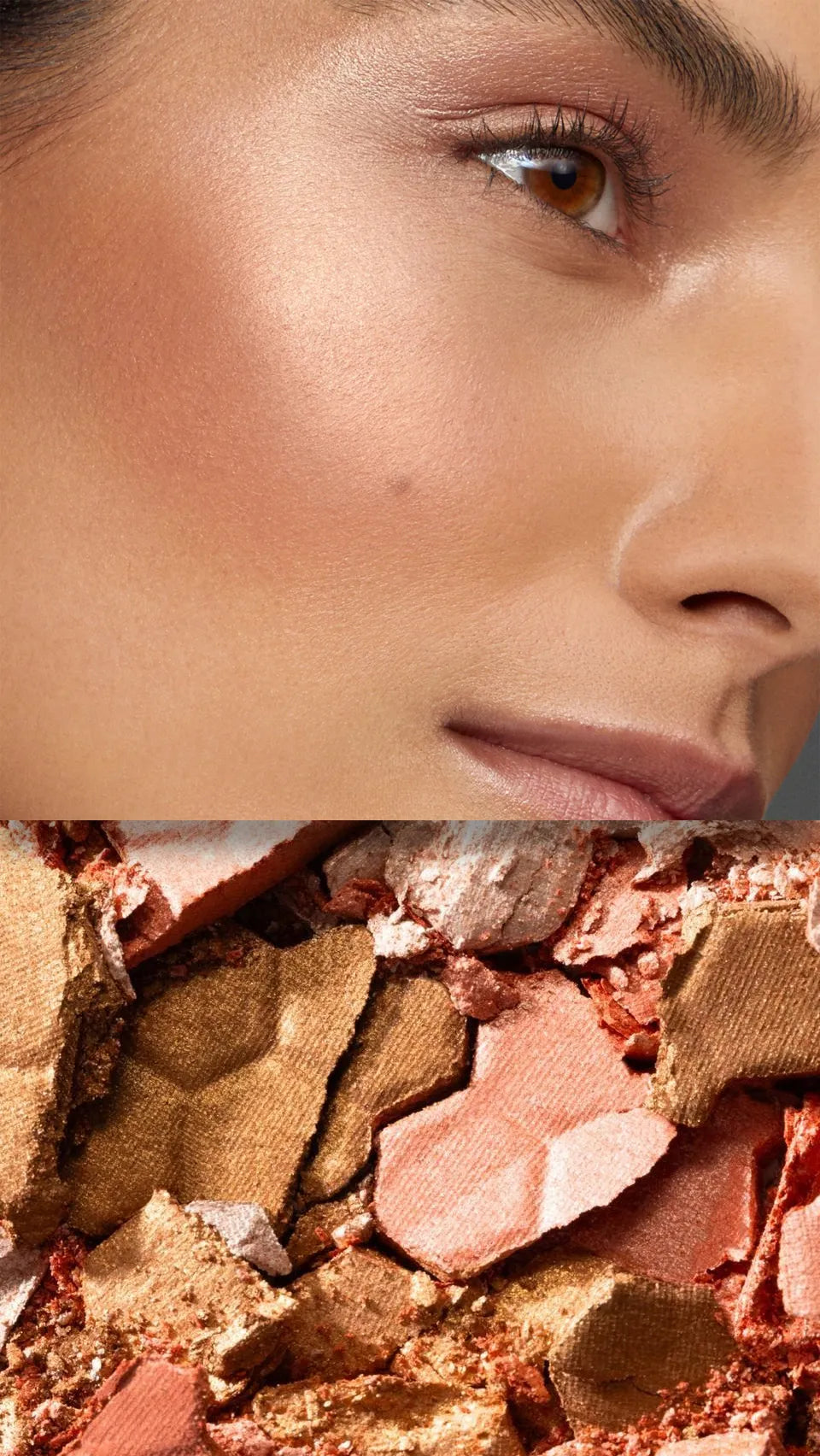 Close-up of a person's eye with makeup and a pile of colorful makeup powders.