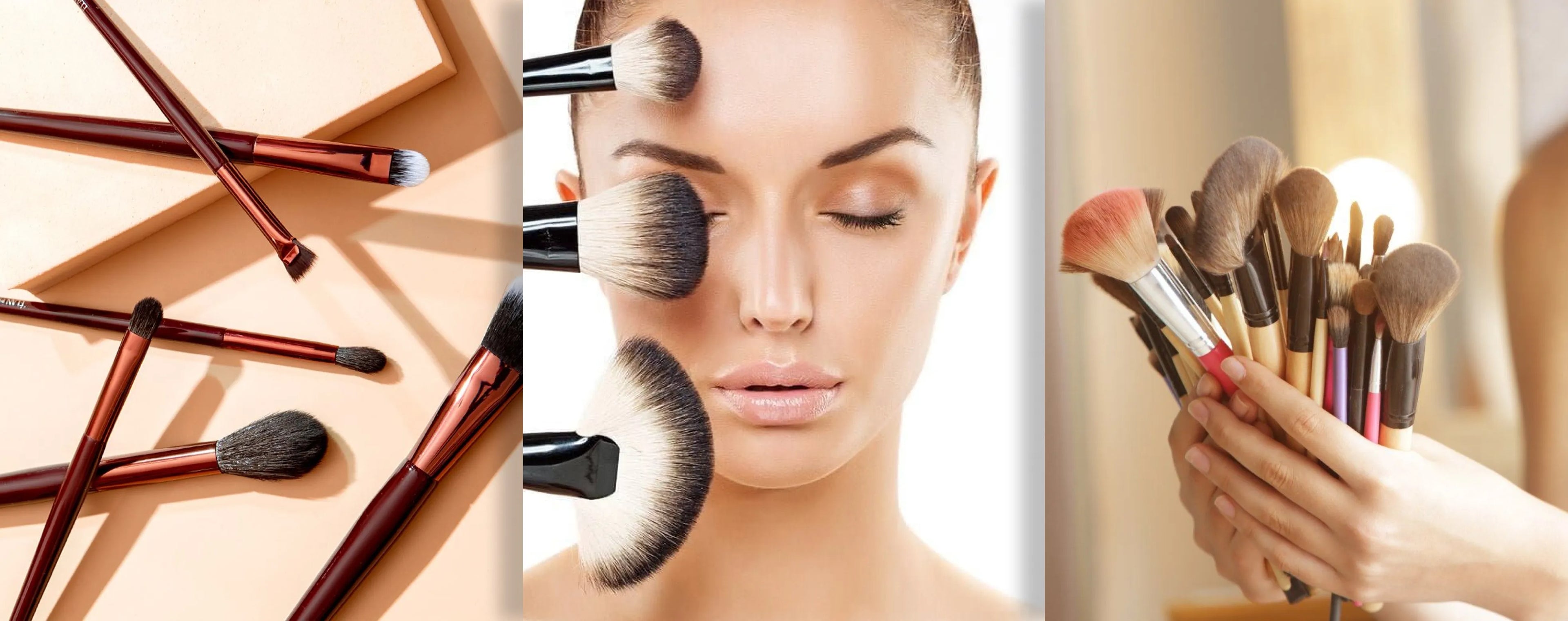 Makeup brushes with a close-up of a woman's face and a hand holding brushes.