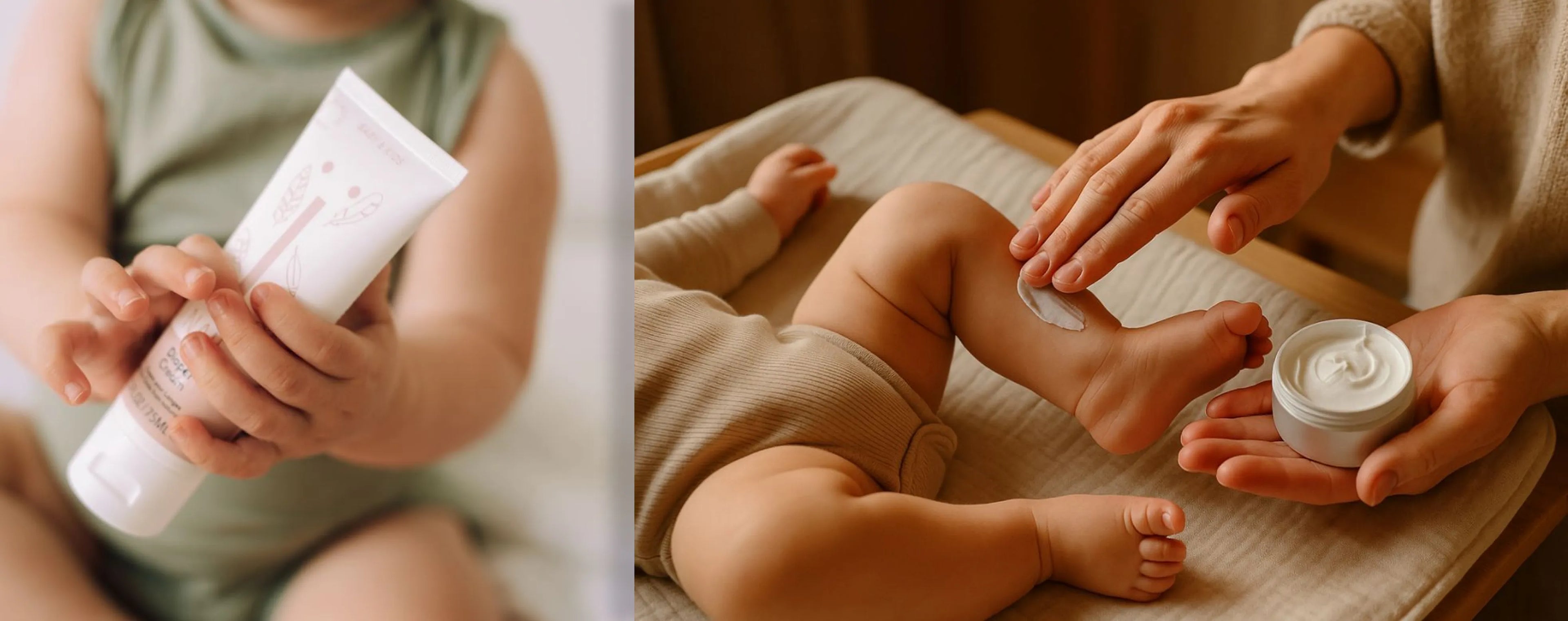Two images showing a child holding a bottle and another of a person applying cream to a child's foot.