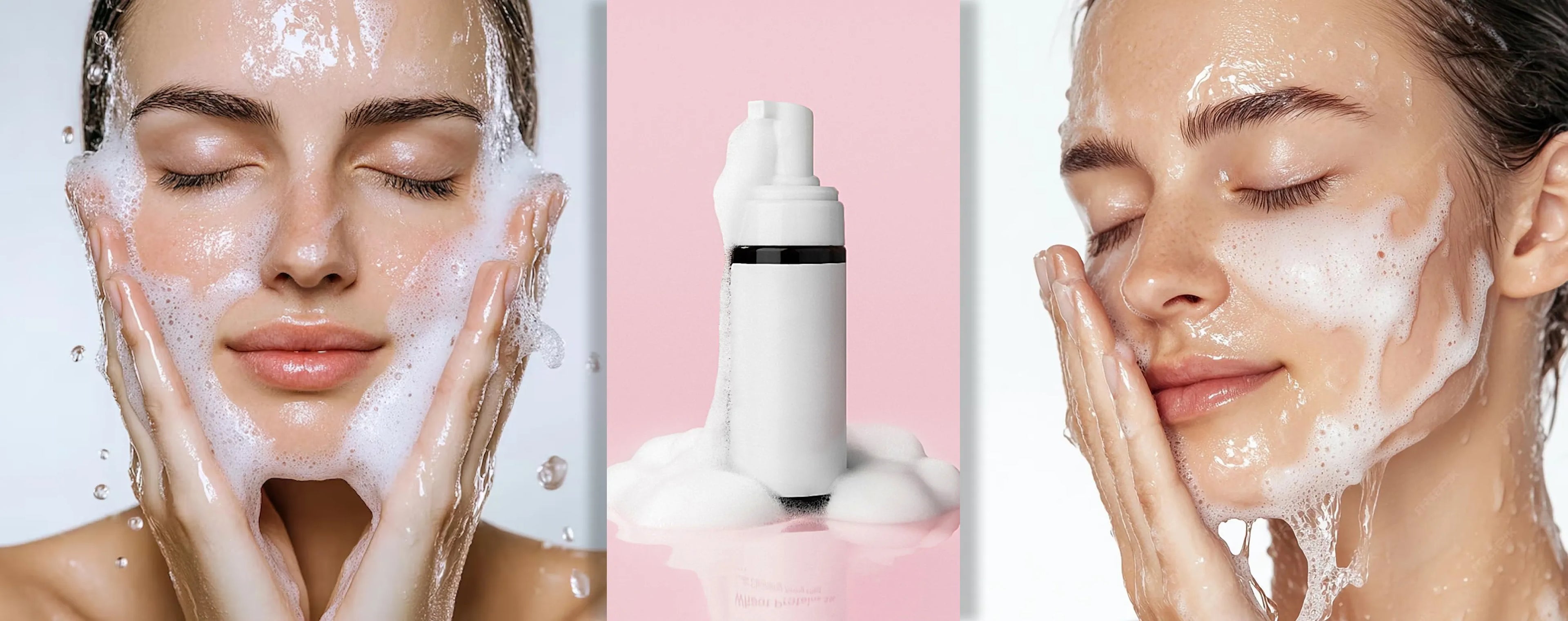 Woman applying facial cleanser with a close-up of the cleanser bottle in the center.