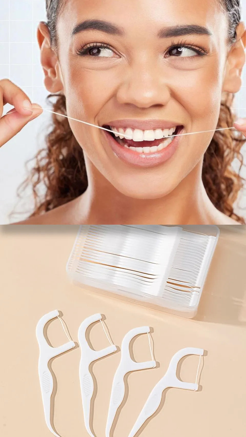 Woman using dental floss with a close-up of dental floss and flossers on a beige background.