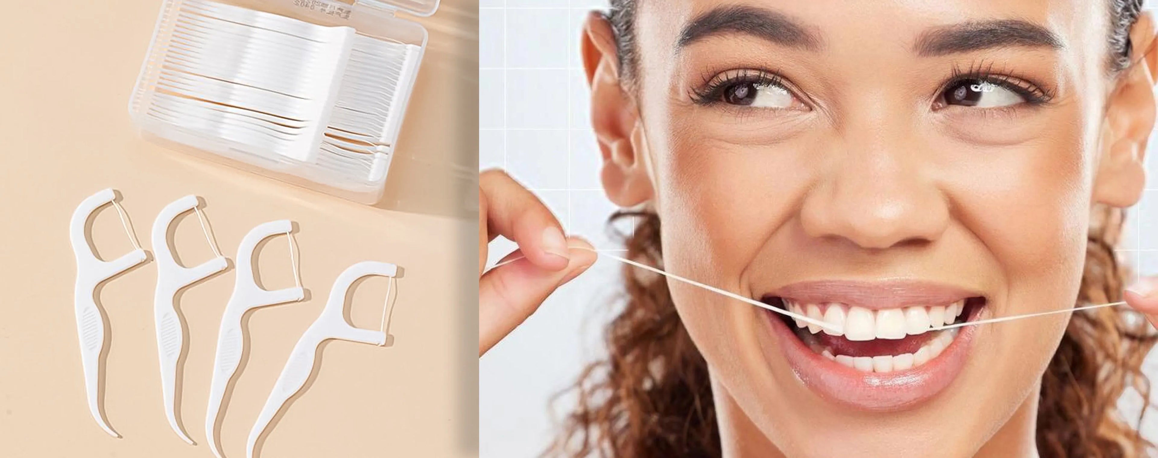 Floss container with dental floss and toothpicks, alongside a woman using dental floss.