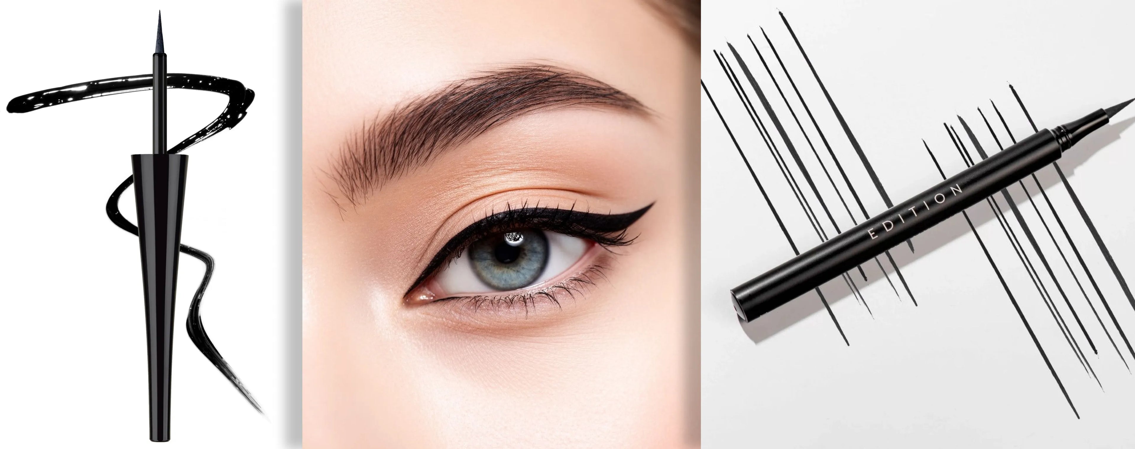 Eyeliner pen with close-up of eye wearing it and product on white background