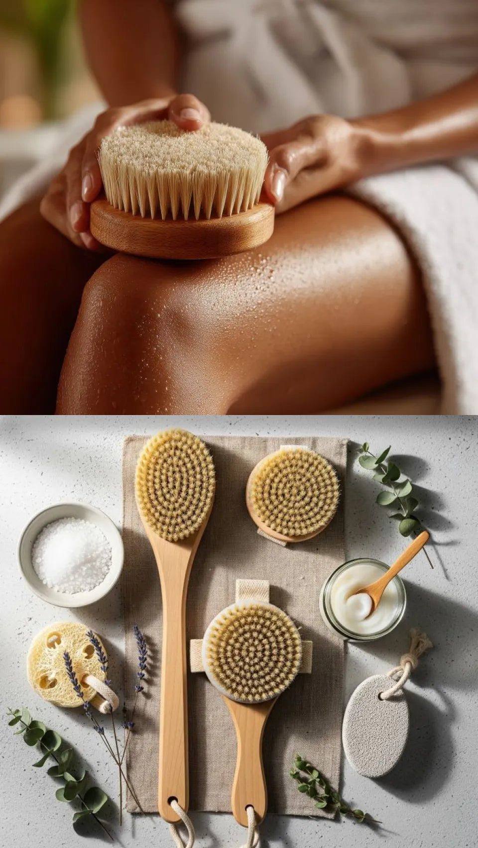 Person using a dry brush on their leg with a close-up of the brush and tools on a surface below.