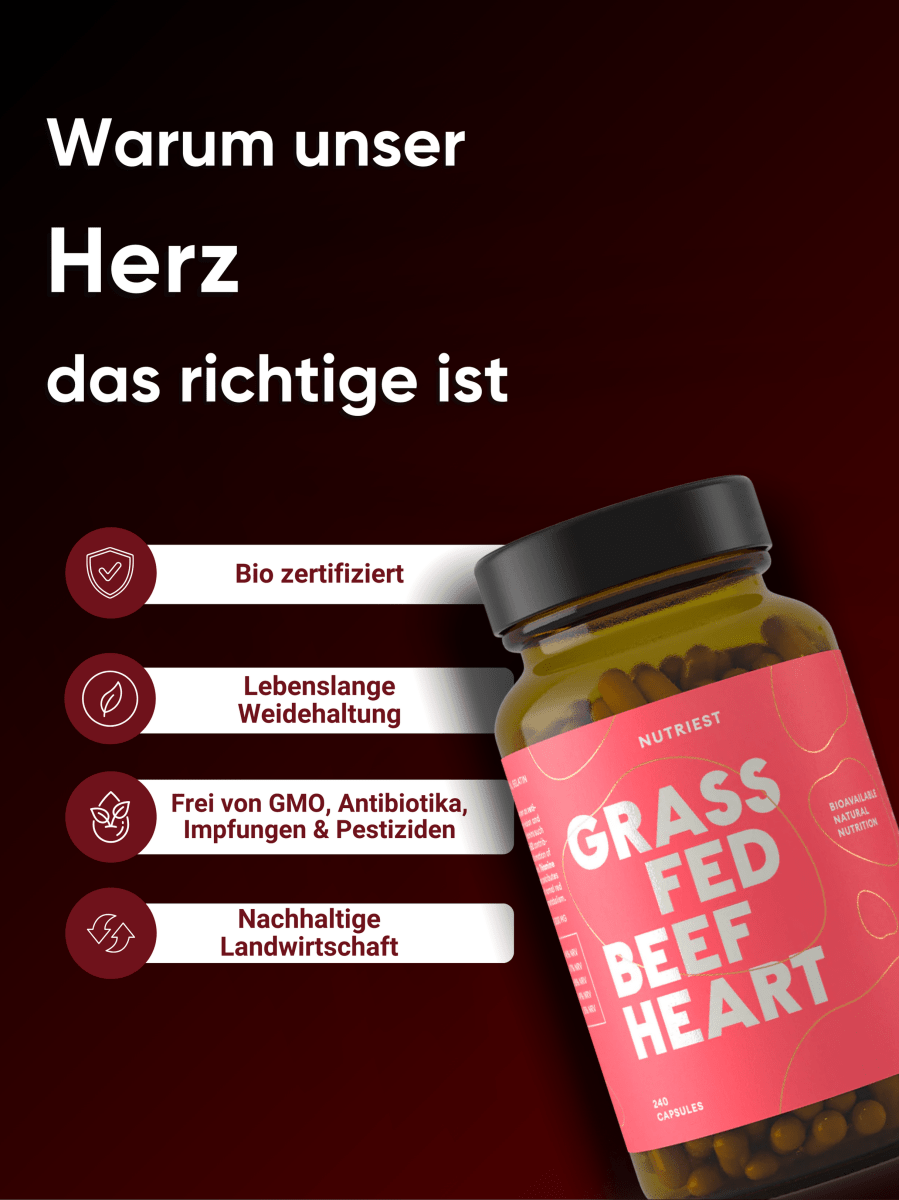 Cœur de bœuf biologique nourri à l'herbe séché en capsules