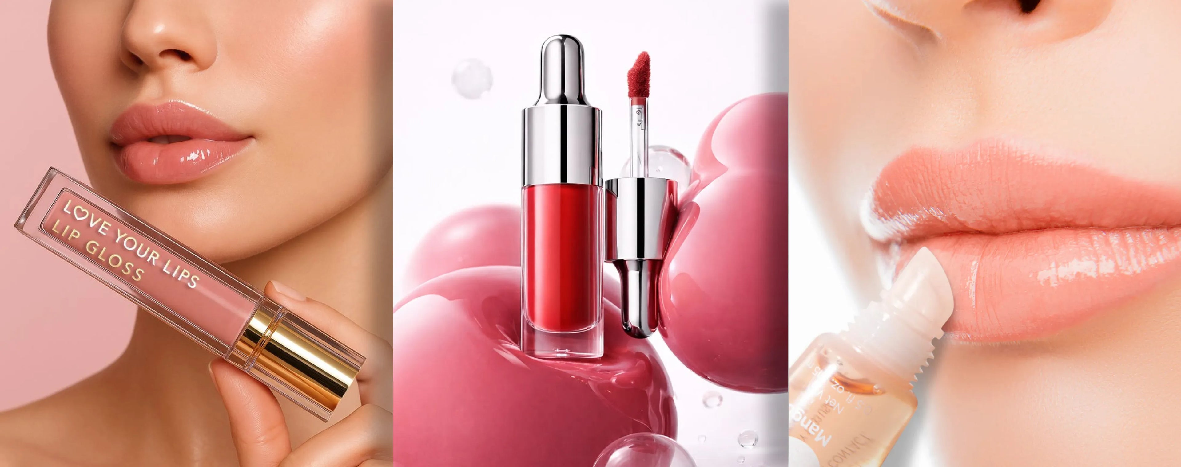 Lipstick with packaging and close-up of lips on a pink background