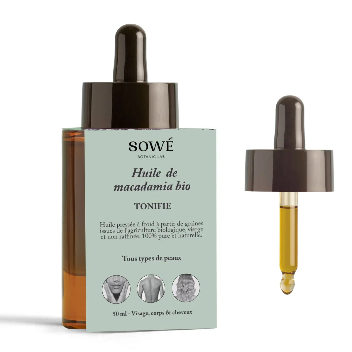 Huile de macadamia BIO pressée à froid - Pour le corps et cheveux