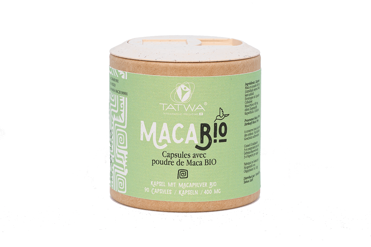 Boîte de capsules de Maca BIO de TATWA contenant 90 capsules de 400 mg, éco-responsable.