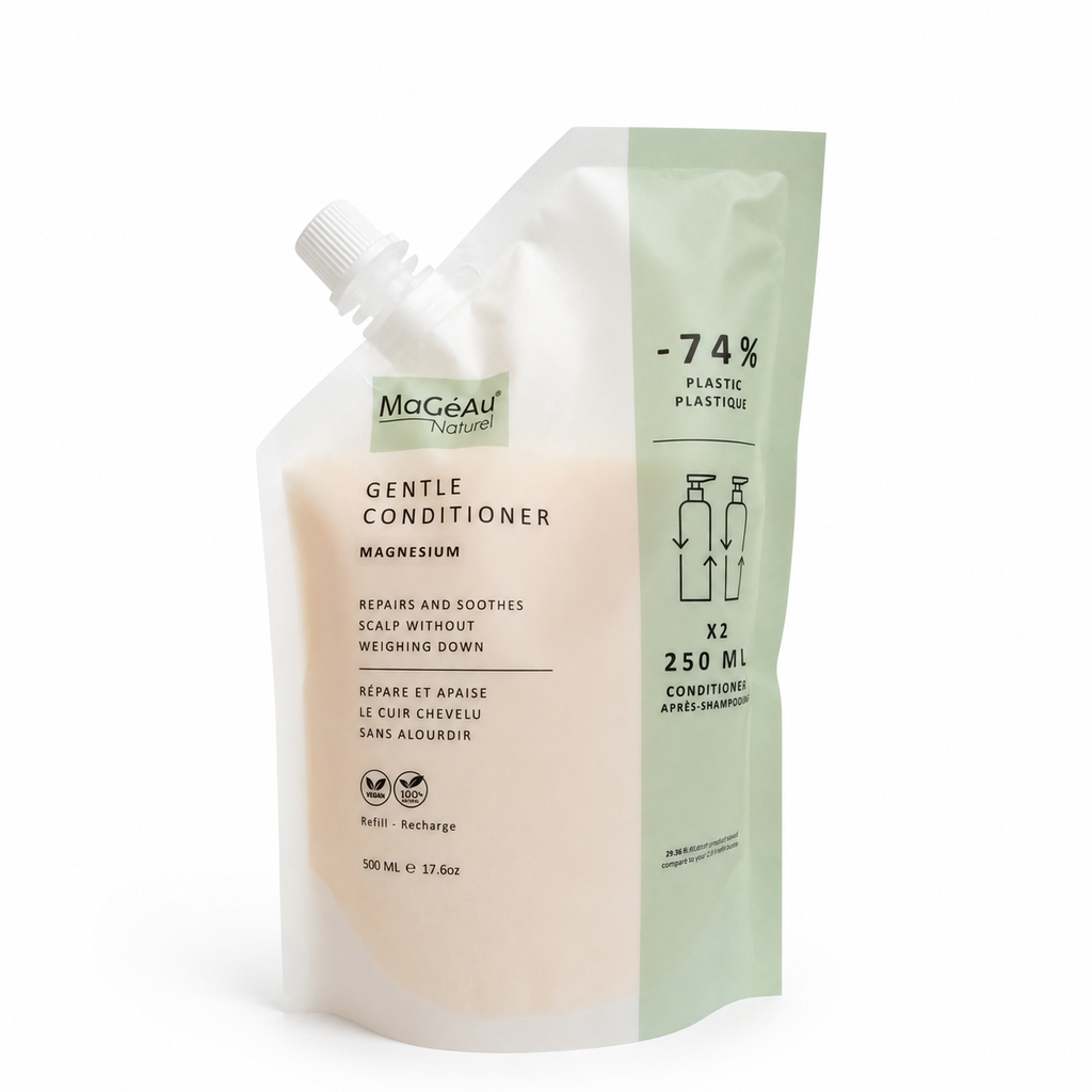 MaGéAu Gentle Conditioner refill packaging with a white and green design on a white background