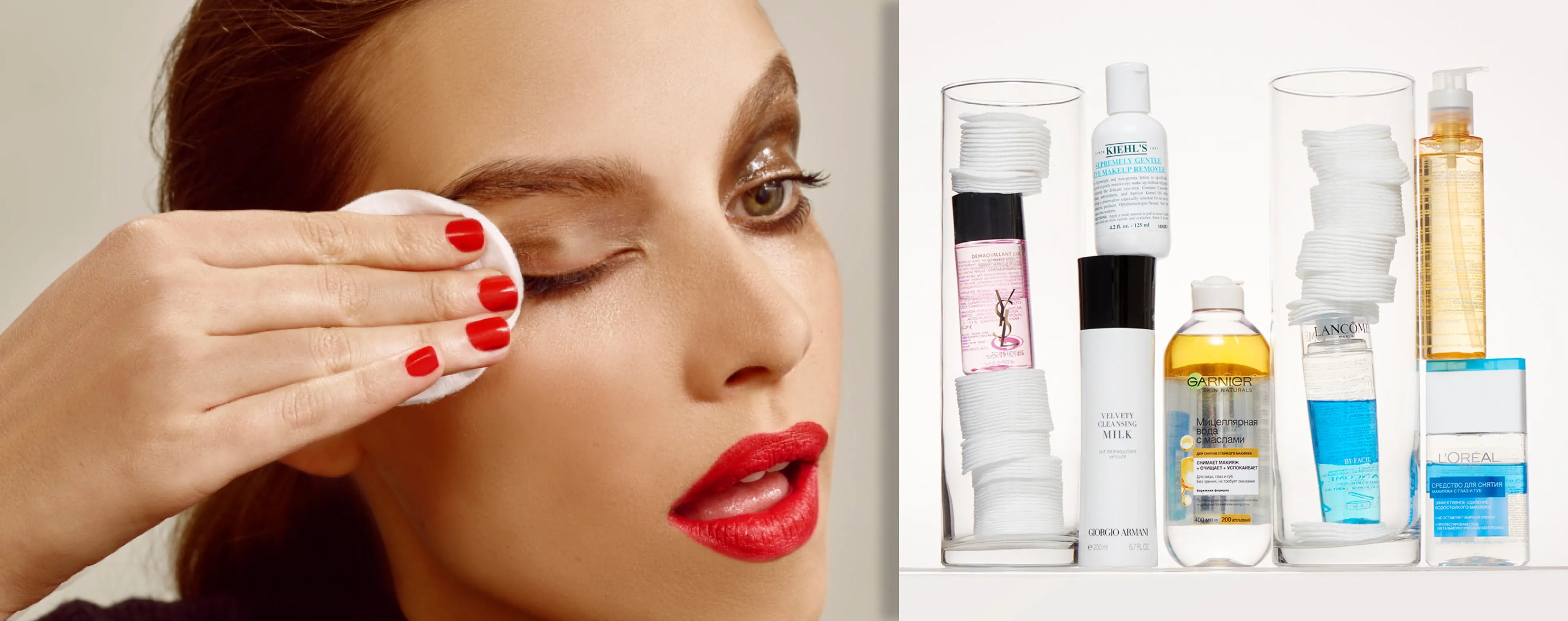 Woman applying makeup with a brush, next to skincare products on a beige background