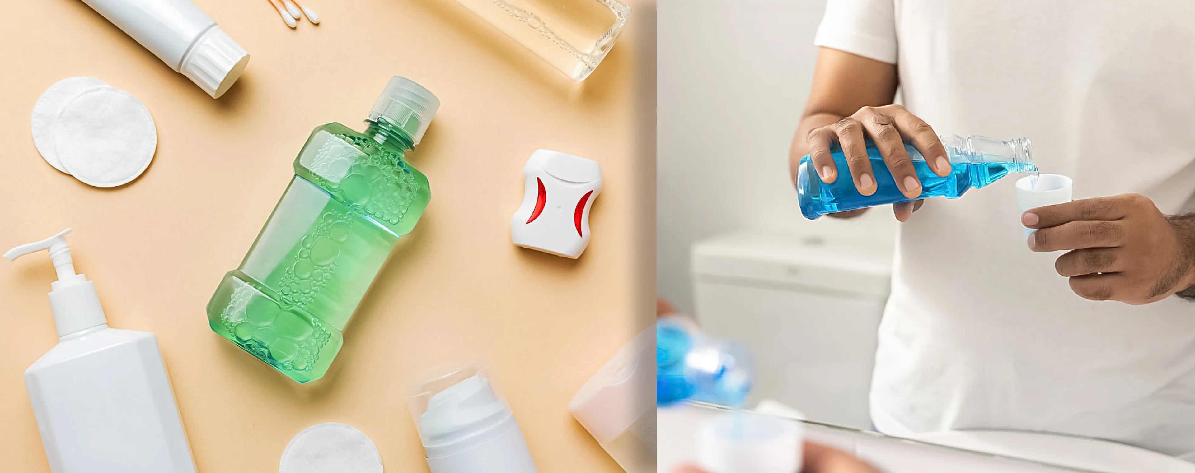 Bathroom scene with dental products and a person using mouthwash.