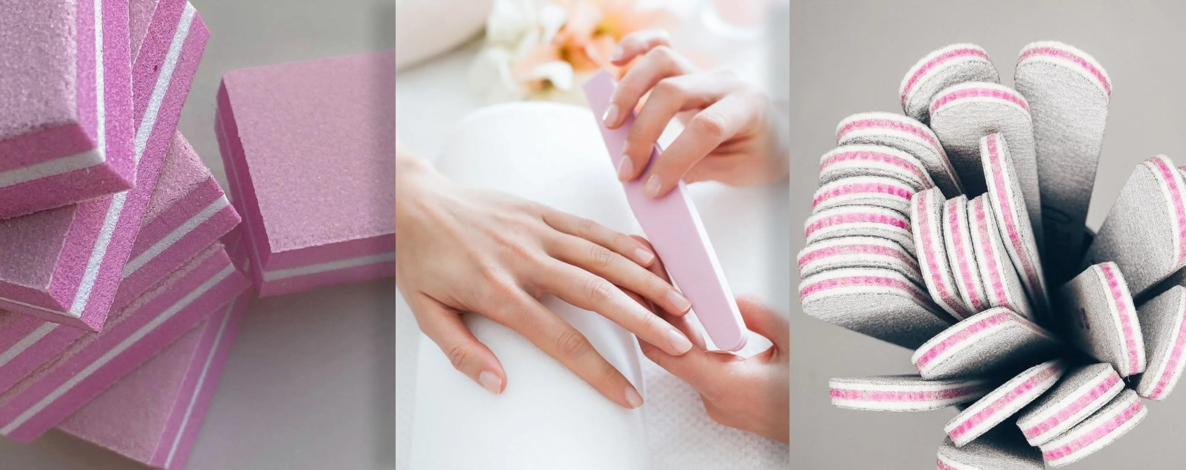 Collage of pink and gray striped items including folded fabric, a nail file, and a decorative bow.