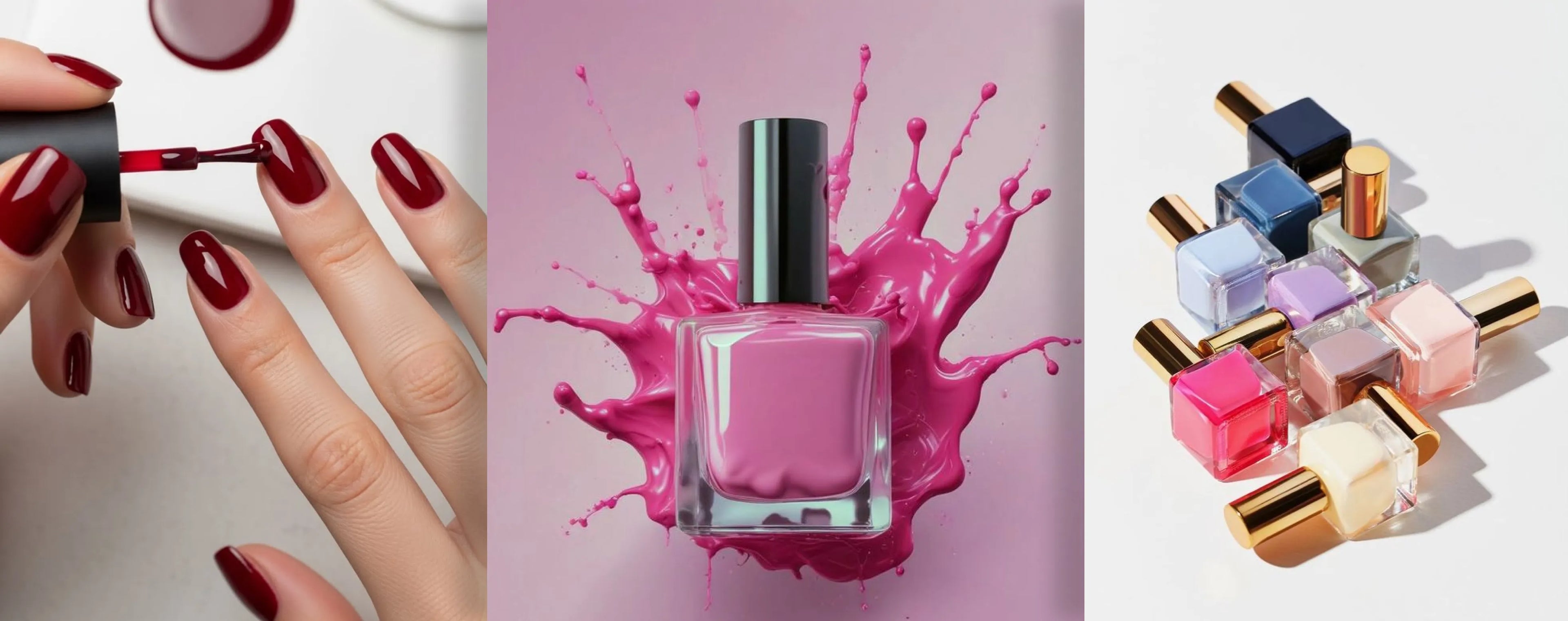 Collage of nail polish application, pink nail polish bottle with splashes, and various nail polishes.