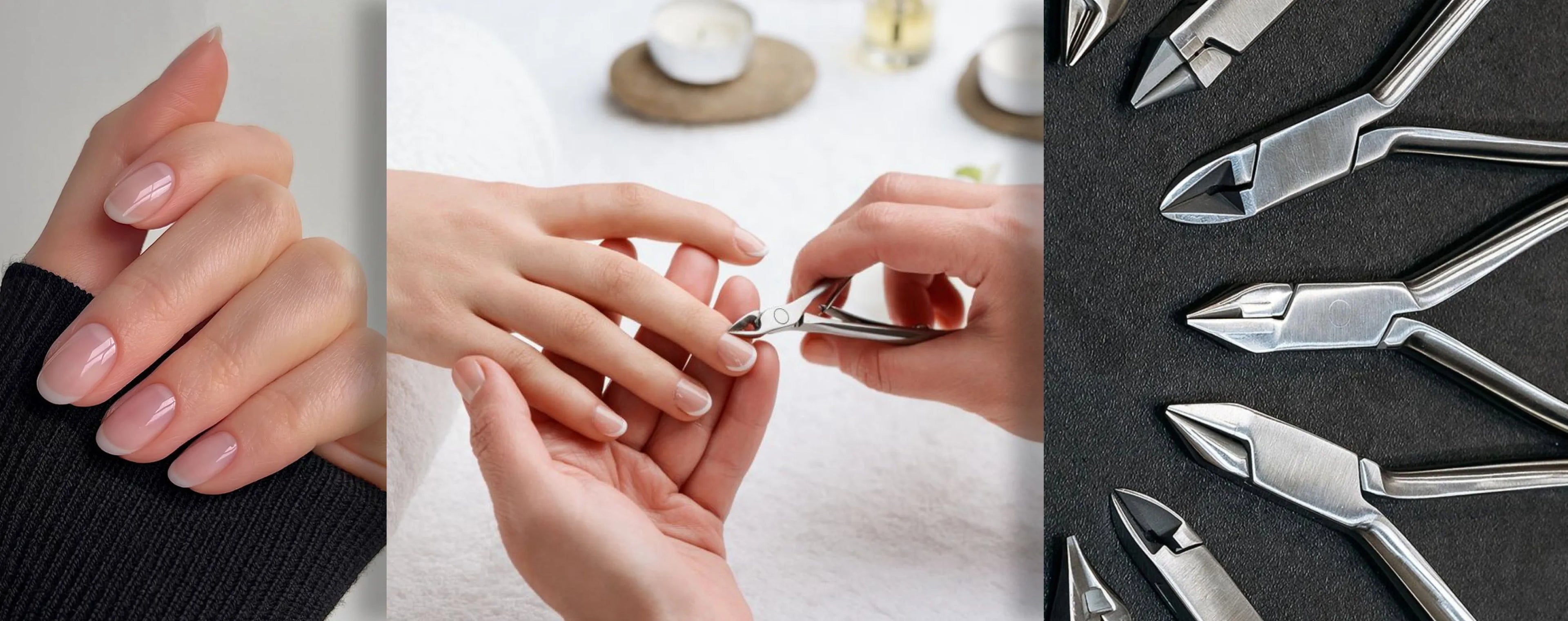 Nail care process with hands, nail clippers, and tools on a neutral background
