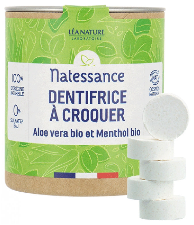 Natessance Chewable Toothpaste Organic Aloe Vera and Organic Menthol 80 Tablets