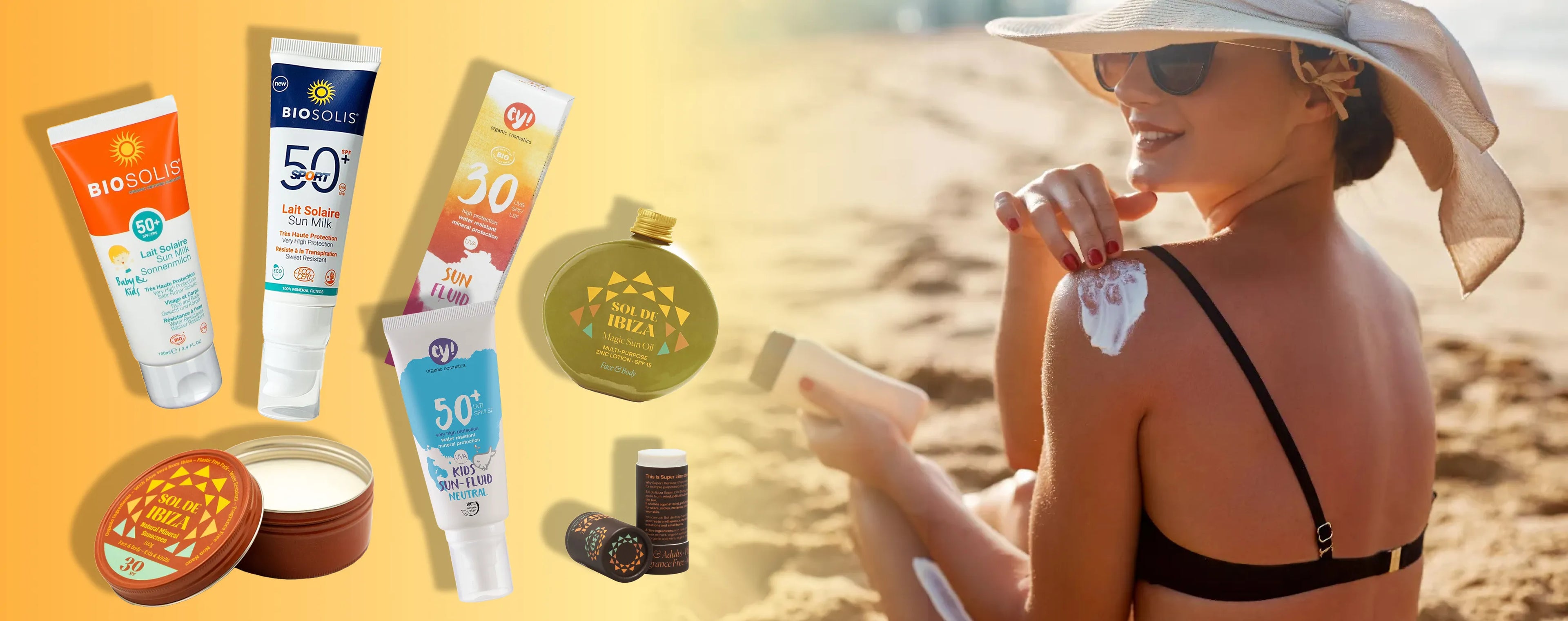 Sunscreen products with a woman applying sunscreen on a beach.