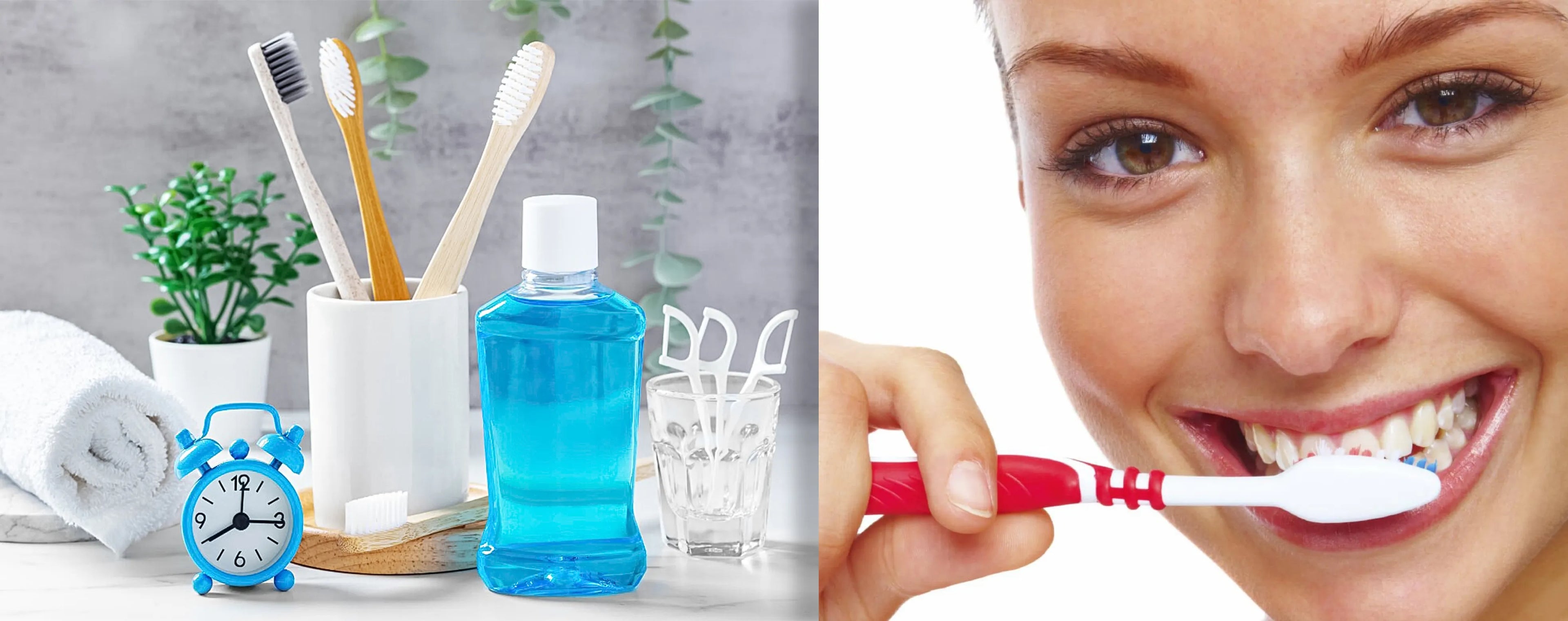 Mouthwash bottle with toothbrushes, a clock, and a plant on a gray background, alongside a close-up of a person brushing their teeth.