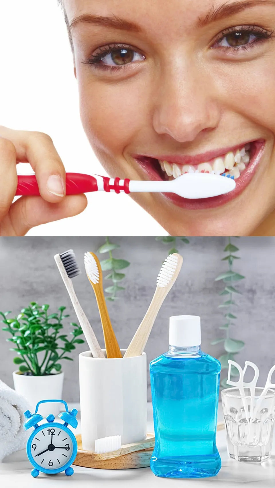 Person brushing teeth with a red toothbrush, followed by a scene with toothbrushes and mouthwash.