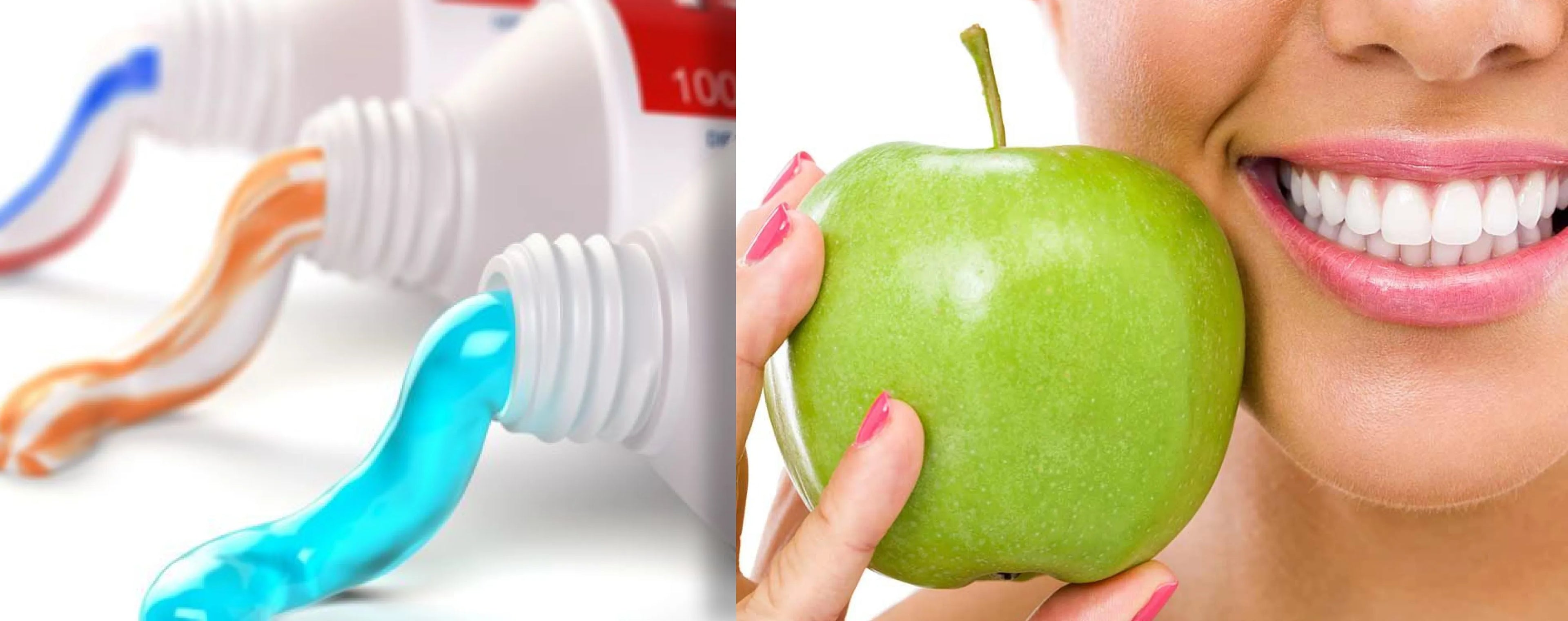 Close-up of toothpaste being squeezed with a green apple held by a person with a smile.
