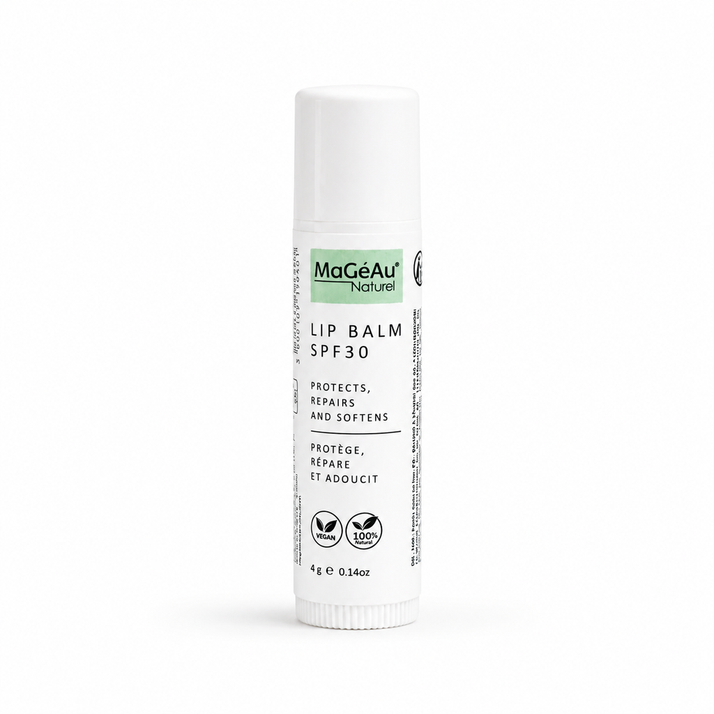 Lip balm with MaGeAu Naturel branding on a white background